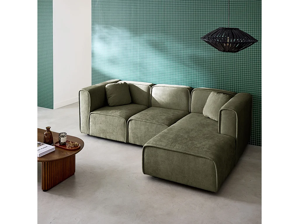Canapé d'angle droite 3 places tissu kaki 2 coussins carrés L 230 x P 145 x H 70 cm - Lester