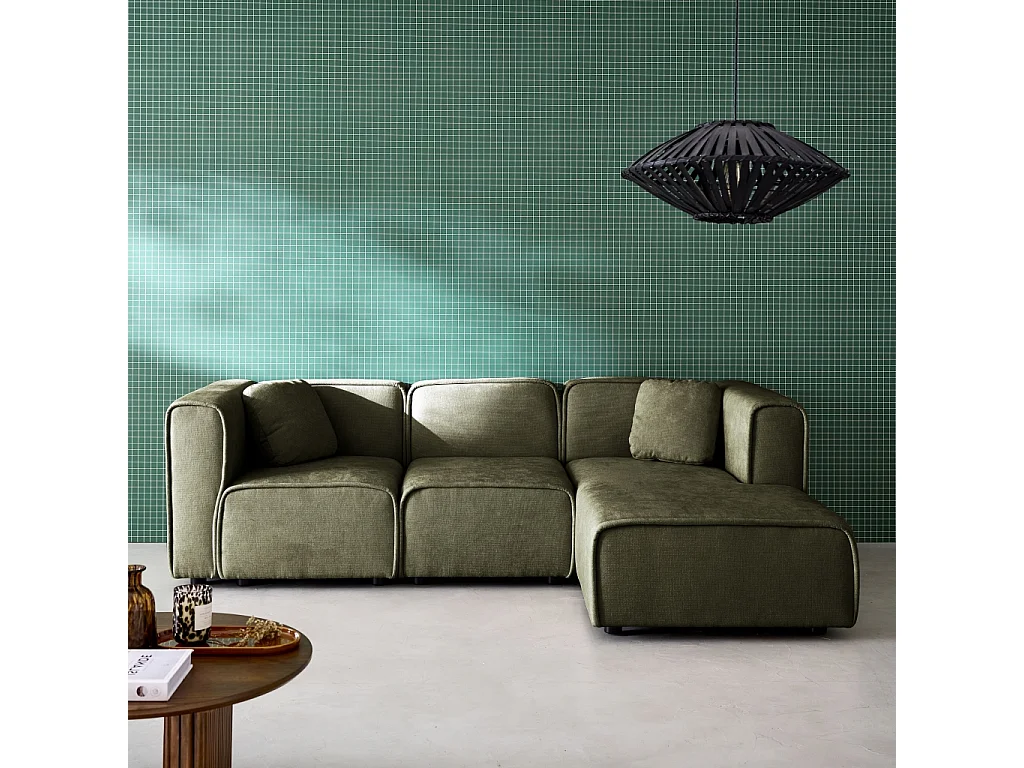 Canapé d'angle droite 3 places tissu kaki 2 coussins carrés L 230 x P 145 x H 70 cm - Lester