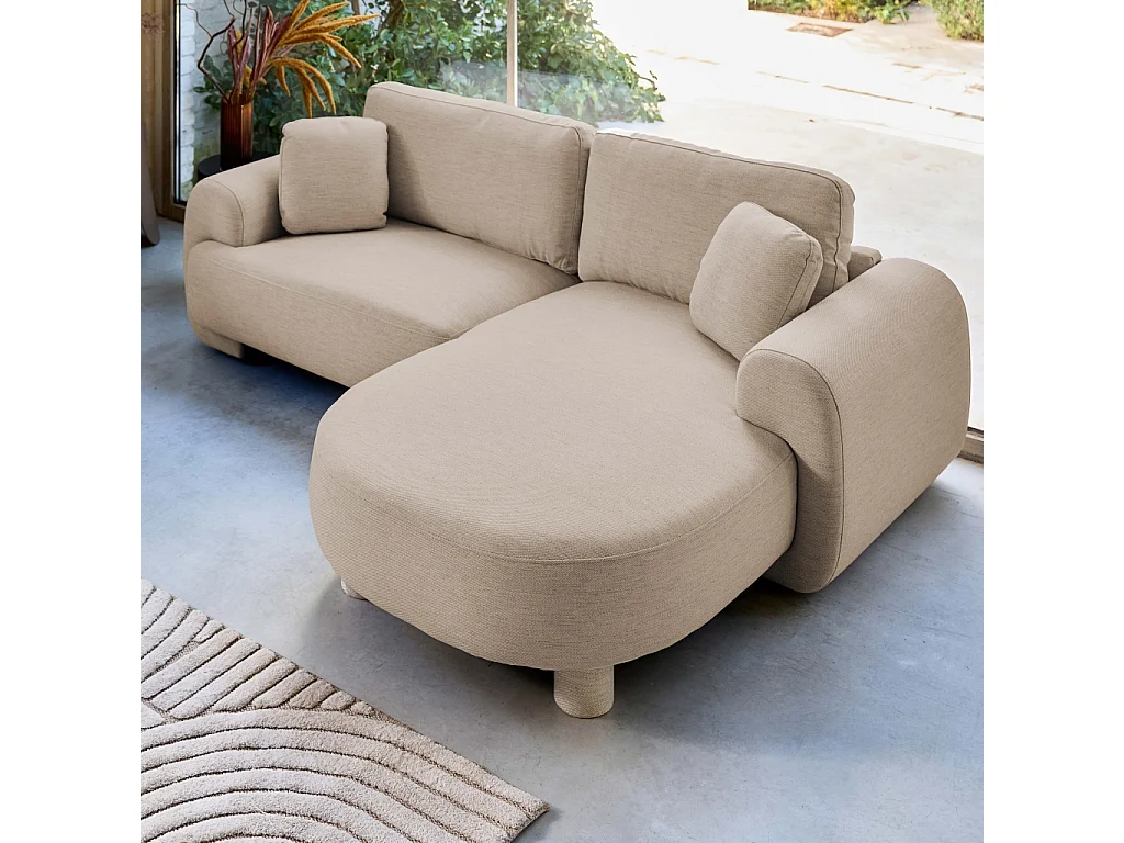 Sofá esquinero derecha de tela liso con patas redondas, 3 plazas beige
