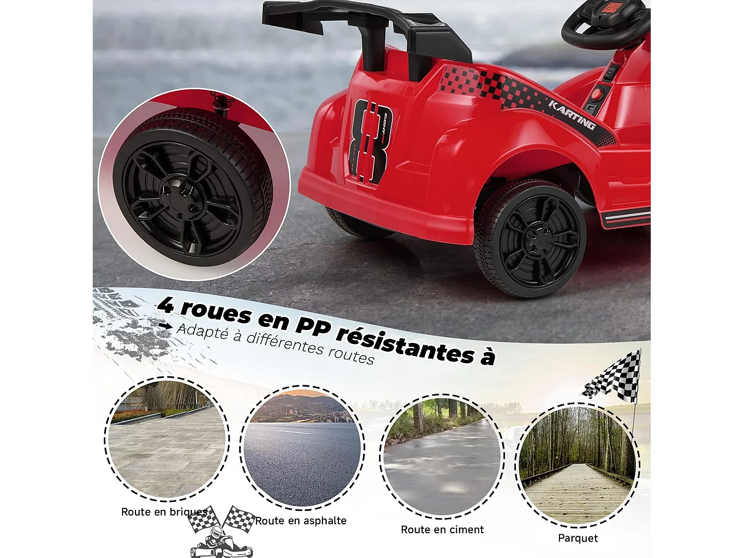 HOMEMIYN 6V Go Kart met afstandsbediening, ✓veiligheidsgordel+traagstart, muziek. 4-wiel elektrisch kinder-cadeau (rood).