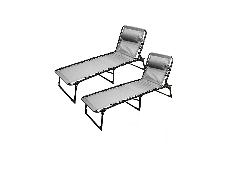 Lot de 2 Transat Chaise longue pliante Bain de soleil coloris Gris clair avec coussin - Longueur 188 x Profondeur 55 x Hauteur 30 cm