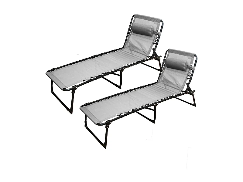 Lot de 2 Transat Chaise longue pliante Bain de soleil coloris Gris clair avec coussin - Longueur 188 x Profondeur 55 x Hauteur 30 cm