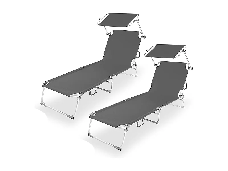 Lot de 2 Transat Chaise longue pliante Bain de soleil coloris anthracite  avec Pare-soleil - Longueur 187 x Profondeur 56 x Hauteur 26 cm