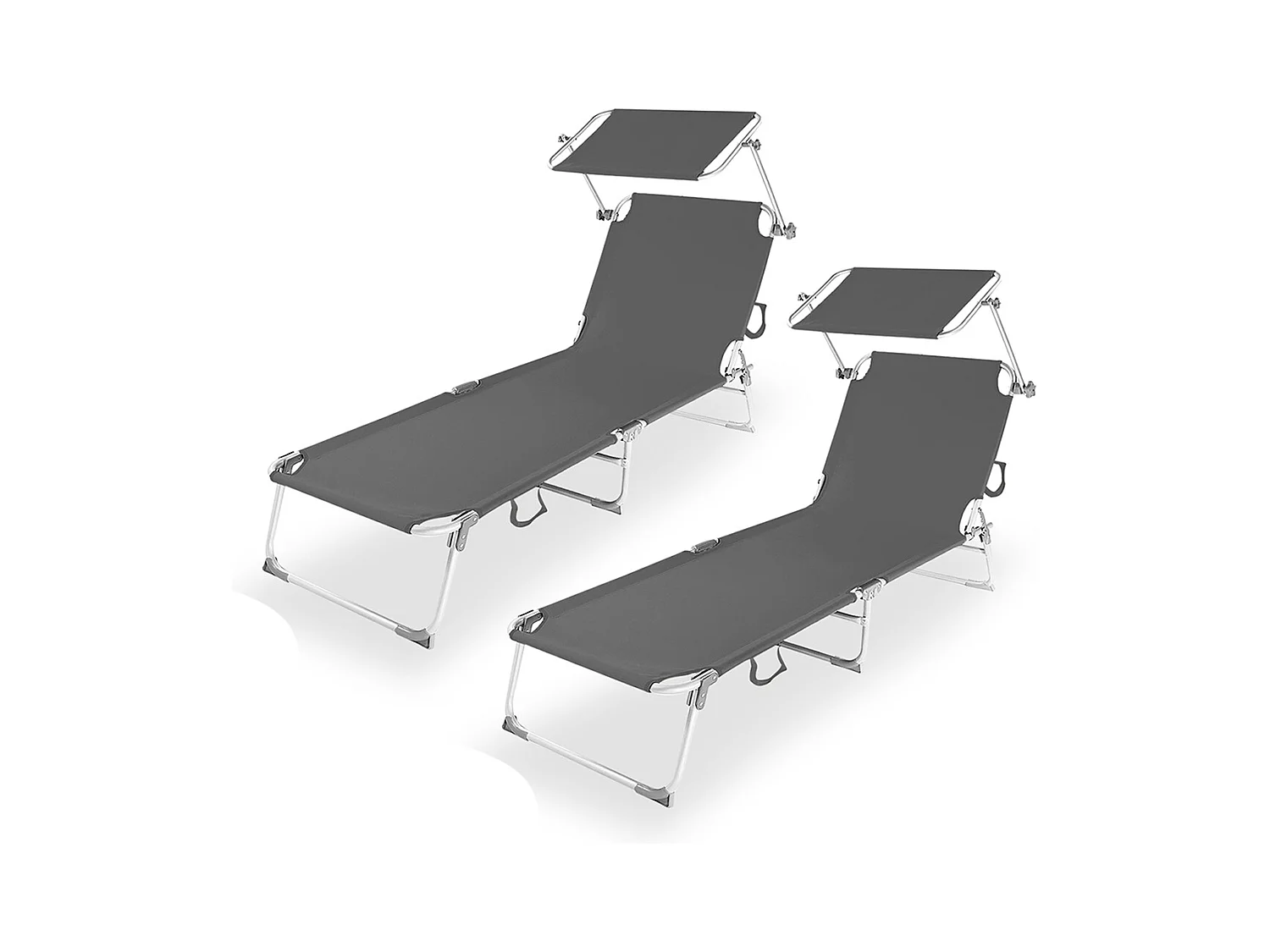 Lot de 2 Transat Chaise longue pliante Bain de soleil coloris anthracite  avec Pare-soleil - Longueur 187 x Profondeur 56 x Hauteur 26 cm