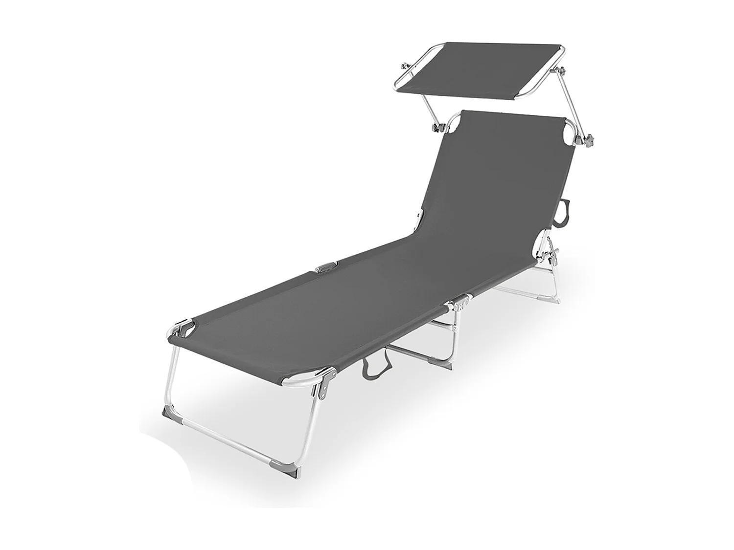 Transat Chaise longue pliante Bain de soleil coloris anthracite  avec Pare-soleil - Longueur 187 x Profondeur 56 x Hauteur 26 cm