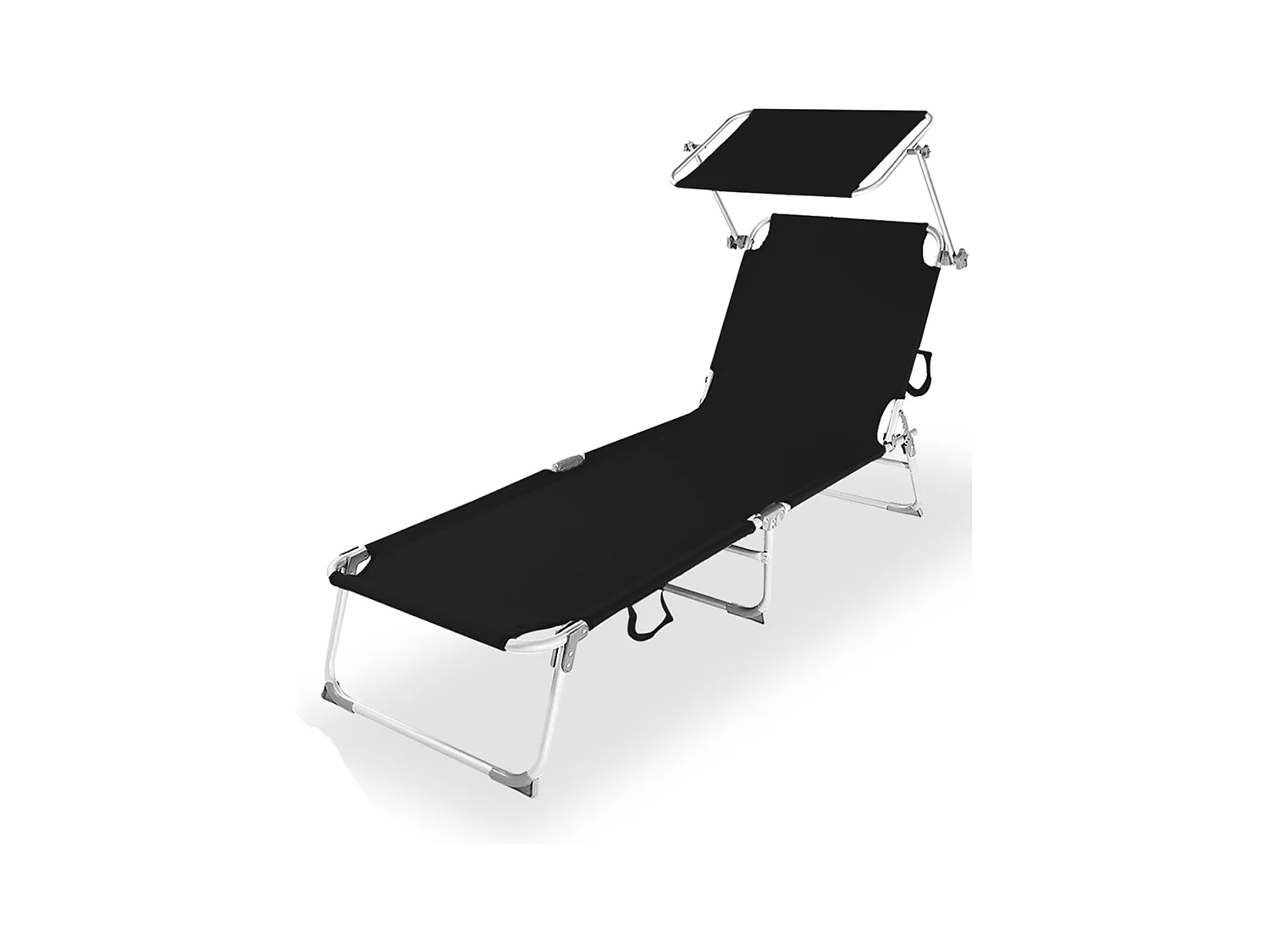 Transat Chaise longue pliante Bain de soleil coloris Noir avec Pare-soleil - Longueur 187 x Profondeur 56 x Hauteur 26 cm