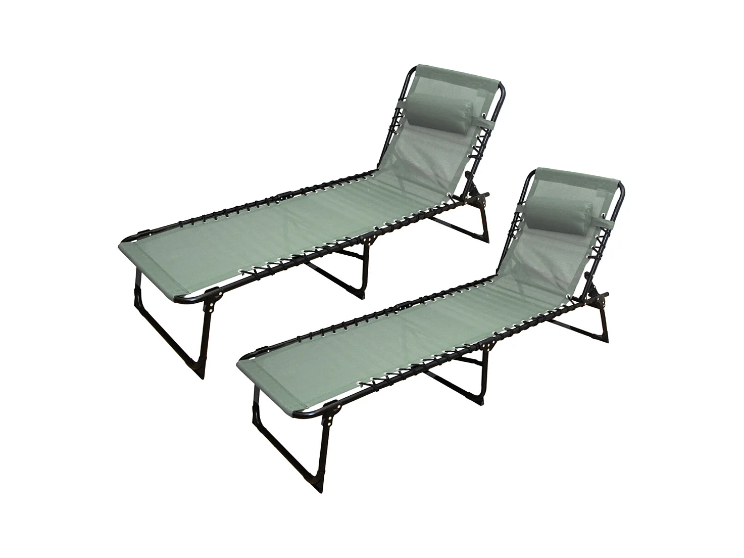 Lot de 2 Transat Chaise longue pliante Bain de soleil coloris kaki avec coussin - Longueur 188 x Profondeur 55 x Hauteur 30 cm