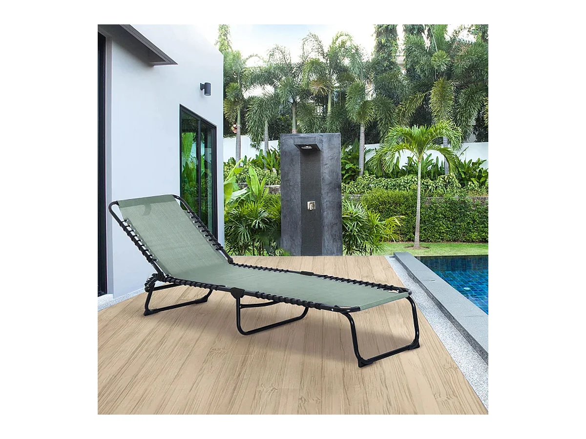 Lot de 2 Transat Chaise longue pliante Bain de soleil coloris kaki avec coussin - Longueur 188 x Profondeur 55 x Hauteur 30 cm