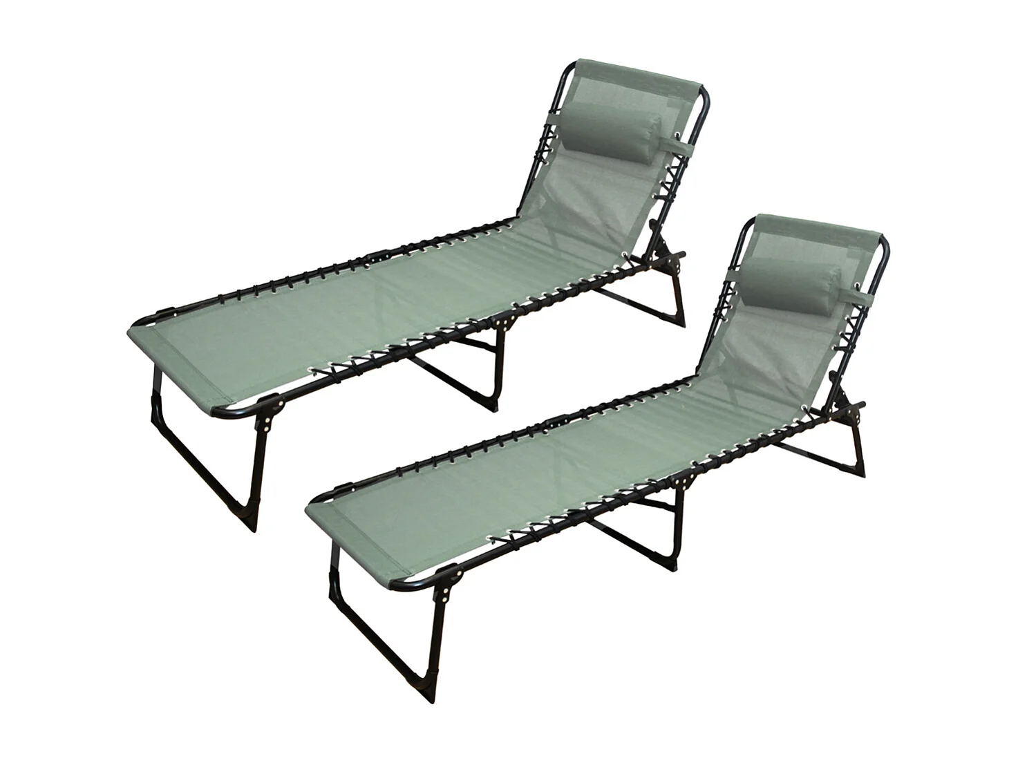 Lot de 2 Transat Chaise longue pliante Bain de soleil coloris kaki avec coussin - Longueur 188 x Profondeur 55 x Hauteur 30 cm