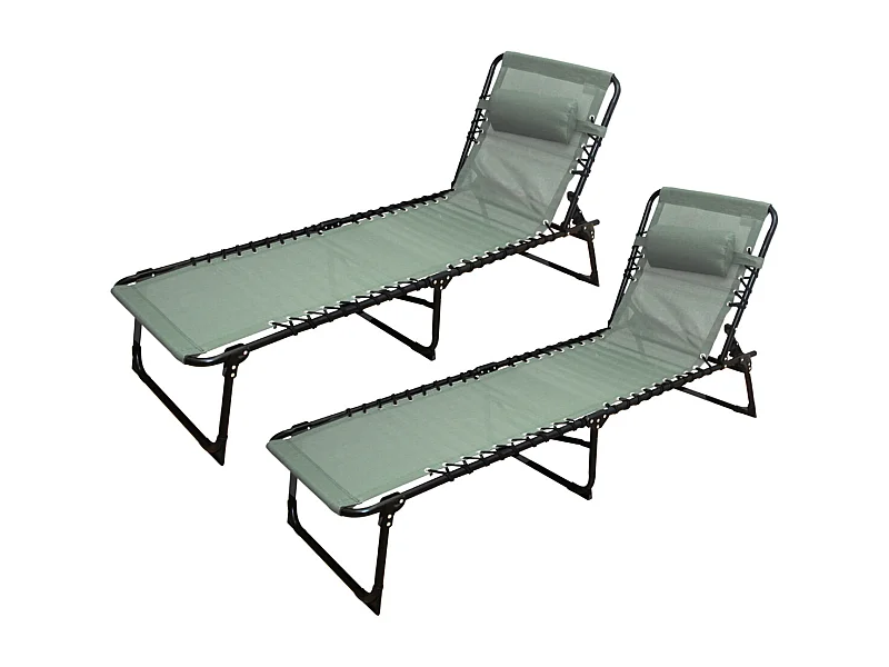 Lot de 2 Transat Chaise longue pliante Bain de soleil coloris kaki avec coussin - Longueur 188 x Profondeur 55 x Hauteur 30 cm