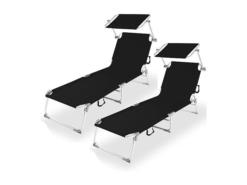 Lot de 2 Transat Chaise longue pliante Bain de soleil coloris Noir  avec Pare-soleil - Longueur 187 x Profondeur 56 x Hauteur 26 cm