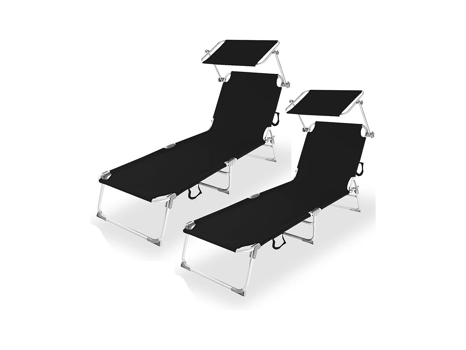 Lot de 2 Transat Chaise longue pliante Bain de soleil coloris Noir  avec Pare-soleil - Longueur 187 x Profondeur 56 x Hauteur 26 cm