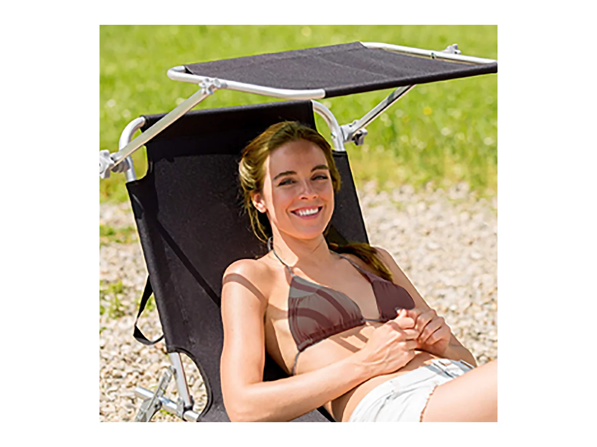 Lot de 2 Transat Chaise longue pliante Bain de soleil coloris Noir  avec Pare-soleil - Longueur 187 x Profondeur 56 x Hauteur 26 cm