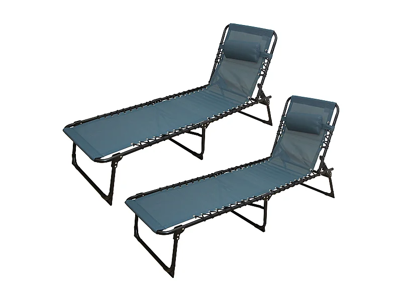 Lot de 2 Transat Chaise longue pliante Bain de soleil coloris bleu avec coussin - Longueur 188 x Profondeur 55 x Hauteur 30 cm