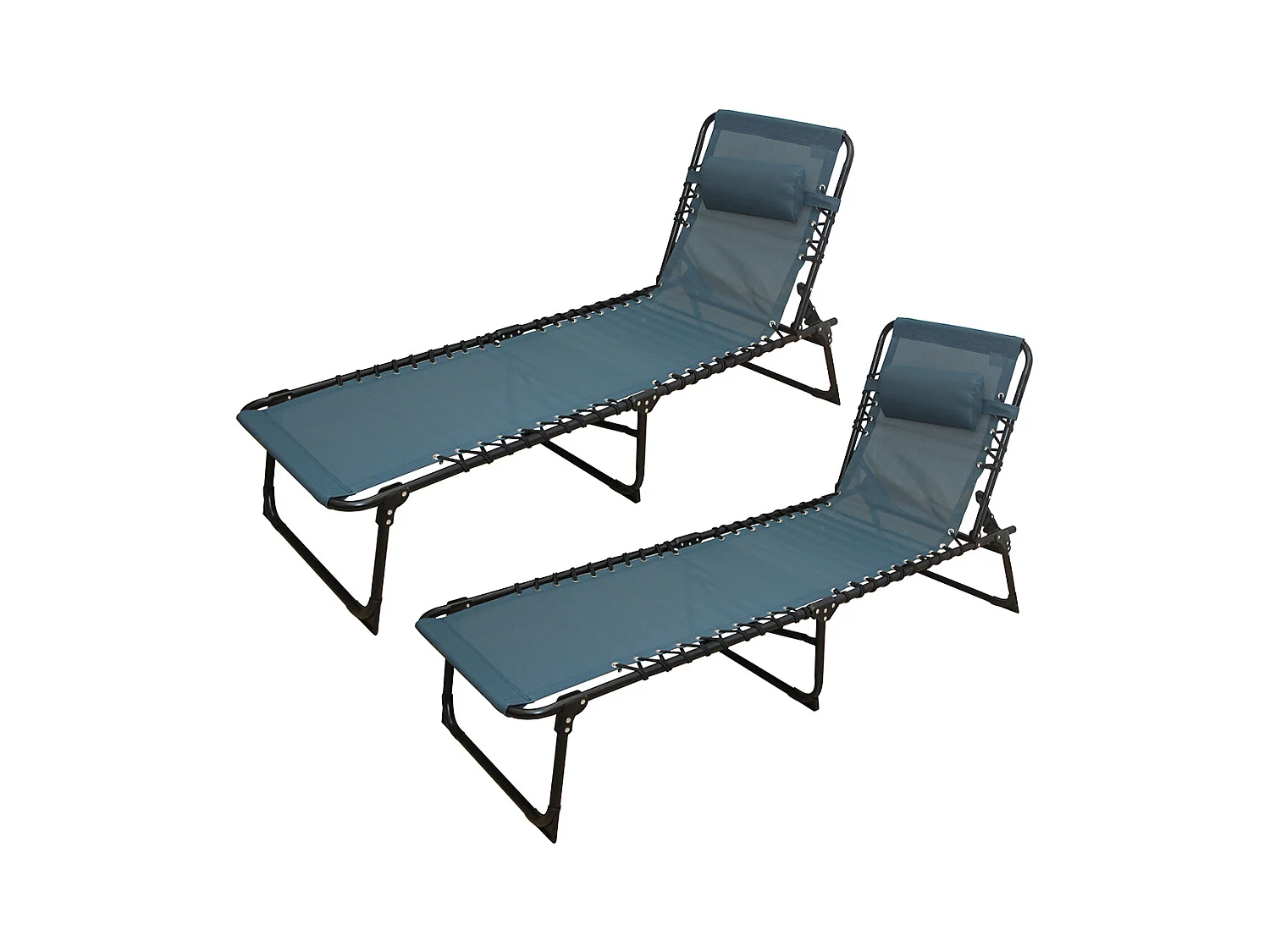 Lot de 2 Transat Chaise longue pliante Bain de soleil coloris bleu avec coussin - Longueur 188 x Profondeur 55 x Hauteur 30 cm