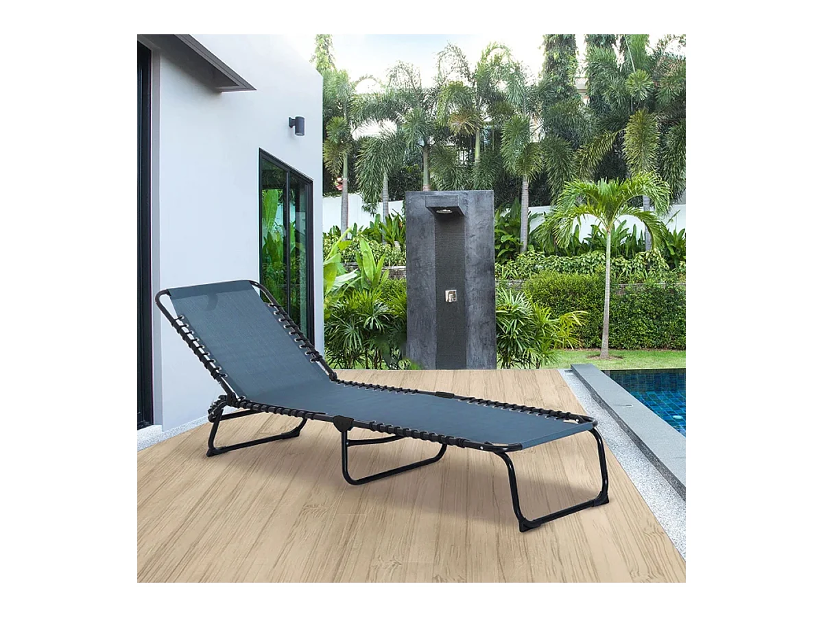 Lot de 2 Transat Chaise longue pliante Bain de soleil coloris bleu avec coussin - Longueur 188 x Profondeur 55 x Hauteur 30 cm