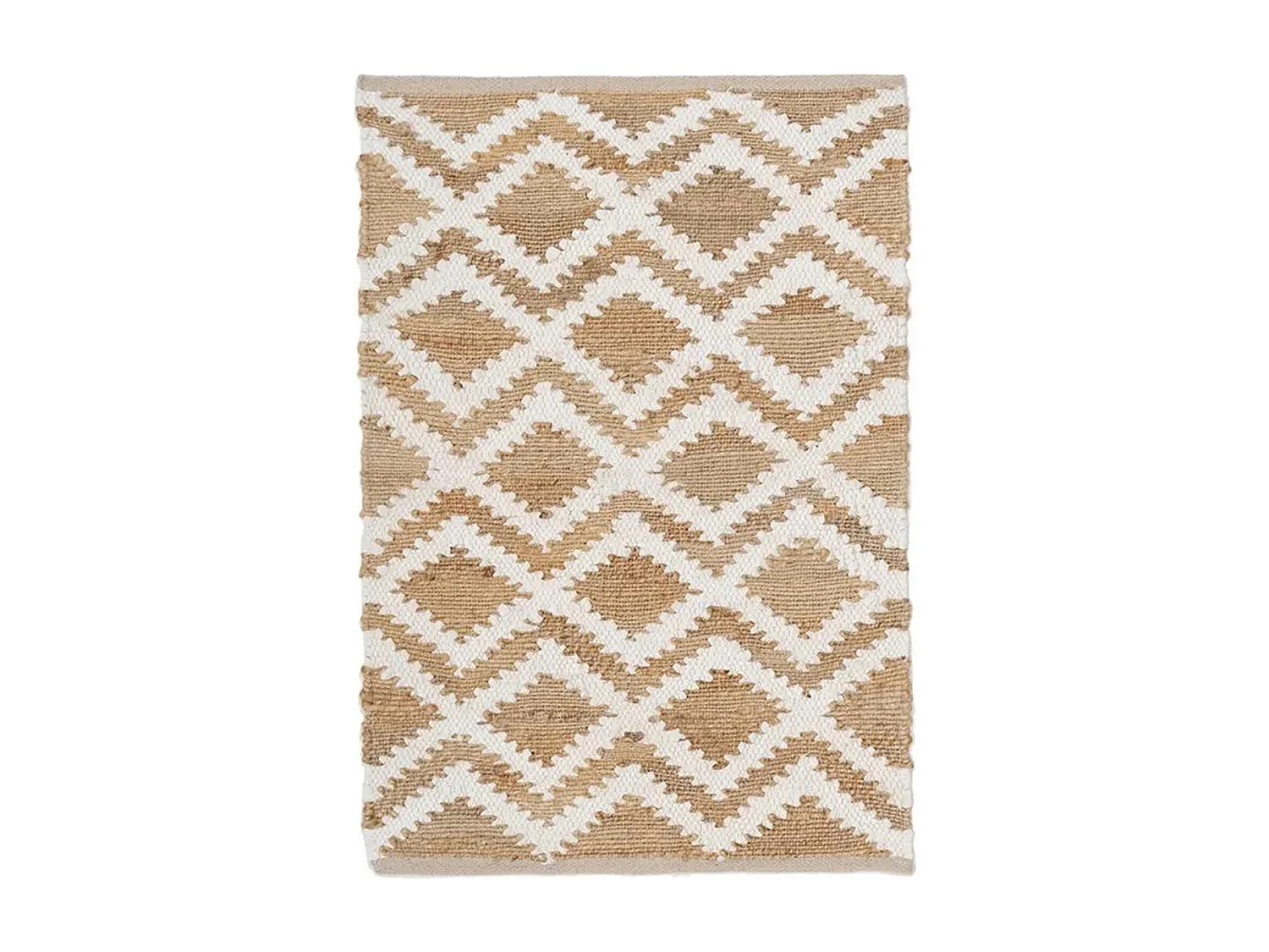 Tapis rectangulaire en Jute et coton naturel à motifs losanges blancs - Largeur 60 x longueur 90 cm