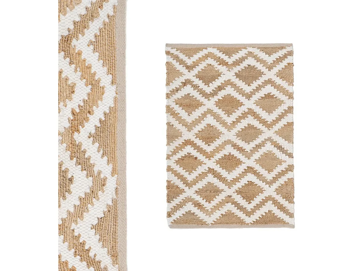 Tapis rectangulaire en Jute et coton naturel à motifs losanges blancs - Largeur 60 x longueur 90 cm
