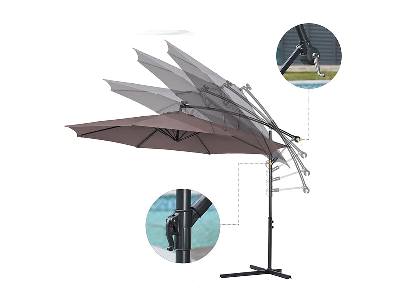 Parasol déporté rond coloris Taupe Protection UV 50+ - Diamètre 300 x Hauteur 245 cm