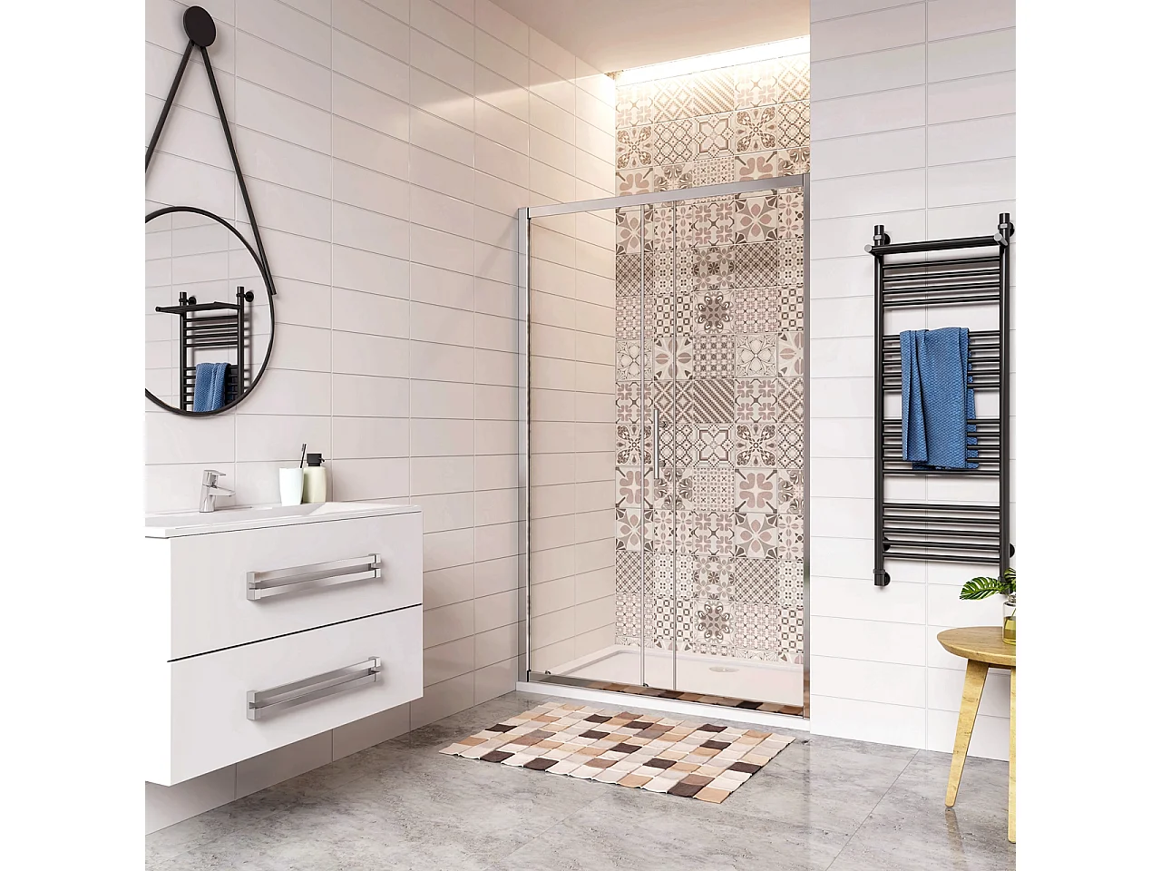 120x185 cm Porta Doccia Per Nicchia Anta Scorrevole Ingresso Laterale In Vetro 5mm Temperato Trasparente