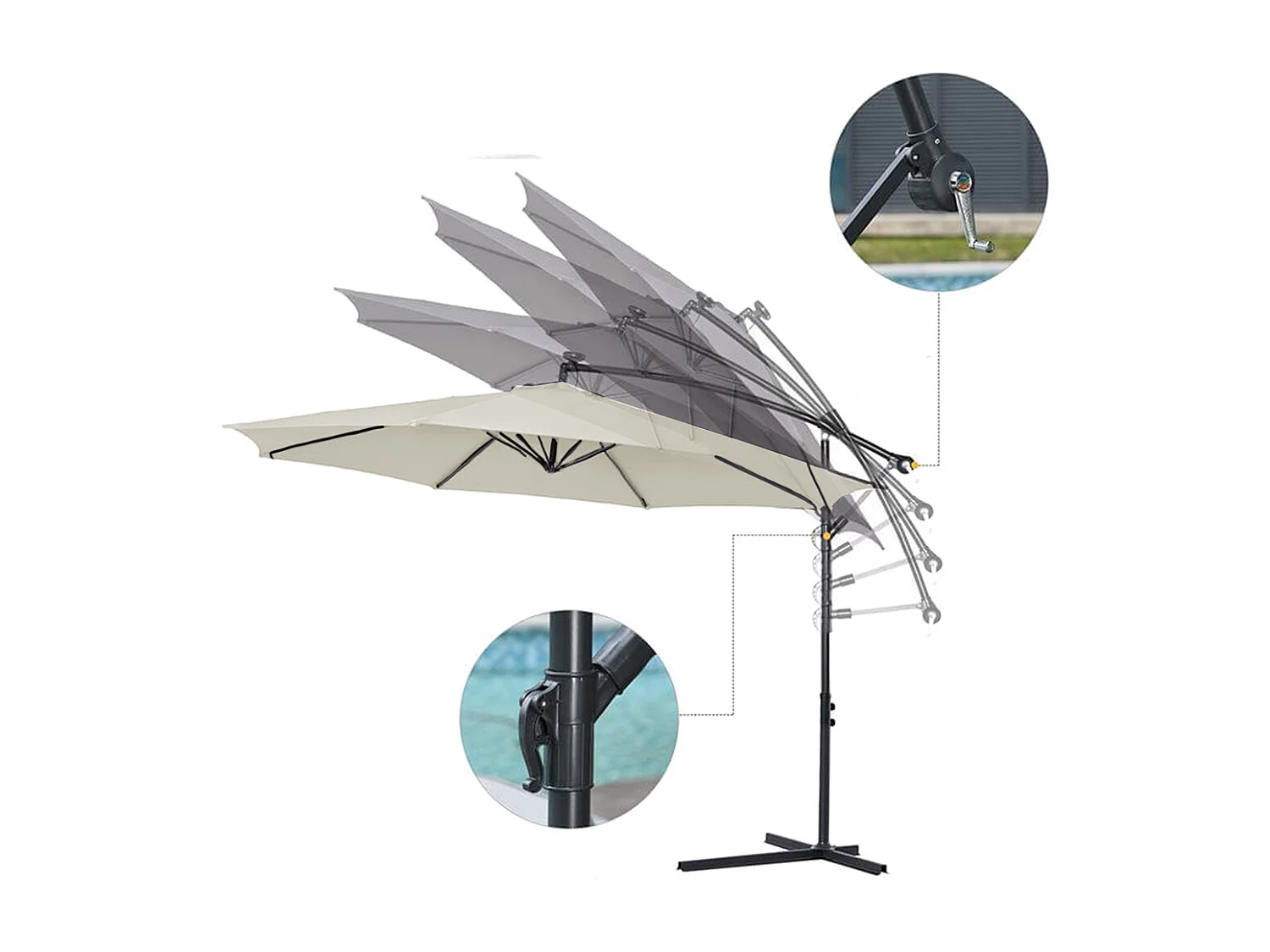 Parasol déporté rond coloris Beige Protection UV 50+ - Diamètre 300 x Hauteur 245 cm