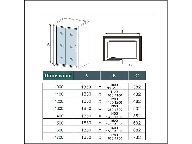 170x185 cm Porta Doccia Per Nicchia Anta Scorrevole Ingresso Laterale In Vetro 5mm Temperato Trasparente