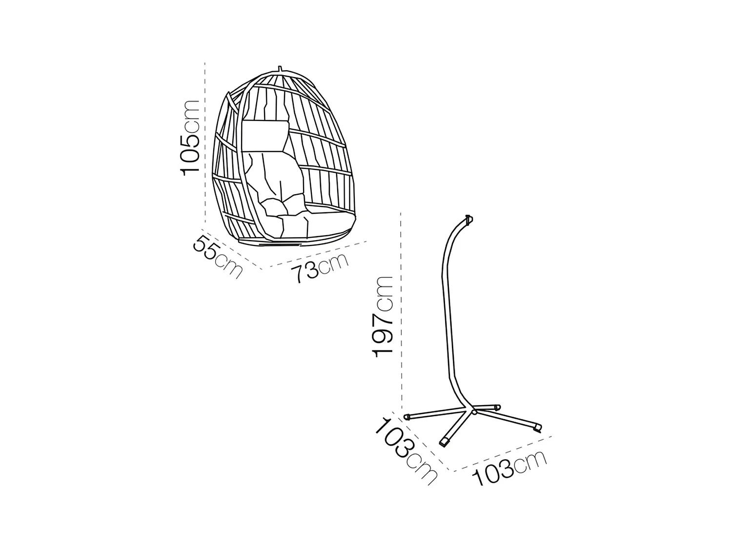 Fauteuil suspendu pliable Balancelle avec coussin d'assise, chaise balançoire pour l’intérieur et l’extérieur - Longueur 103 x Profondeur 103 x Hauteur 197 cm