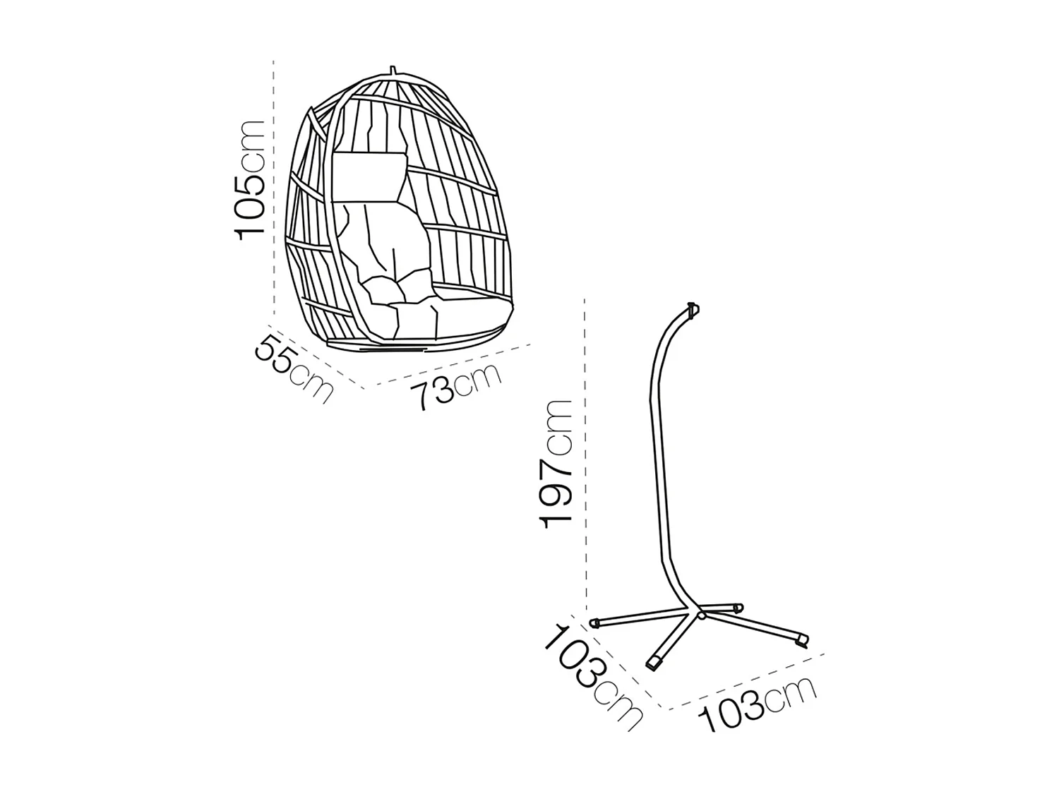 Fauteuil suspendu pliable Balancelle avec coussin d'assise, chaise balançoire pour l’intérieur et l’extérieur - Longueur 103 x Profondeur 103 x Hauteur 197 cm