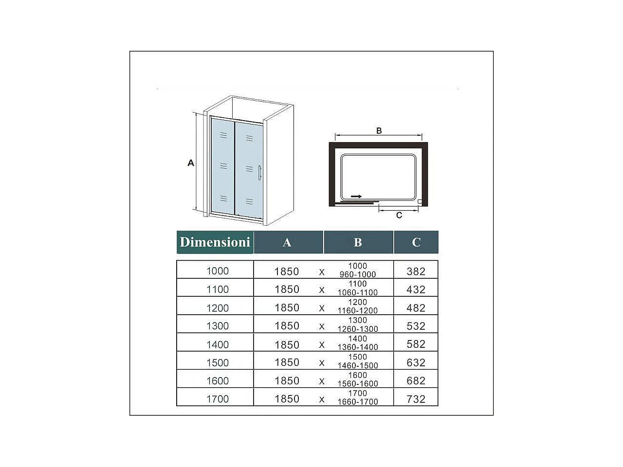 100x185 cm Porta Doccia Per Nicchia Anta Scorrevole Ingresso Laterale In Vetro 5mm Temperato Trasparente