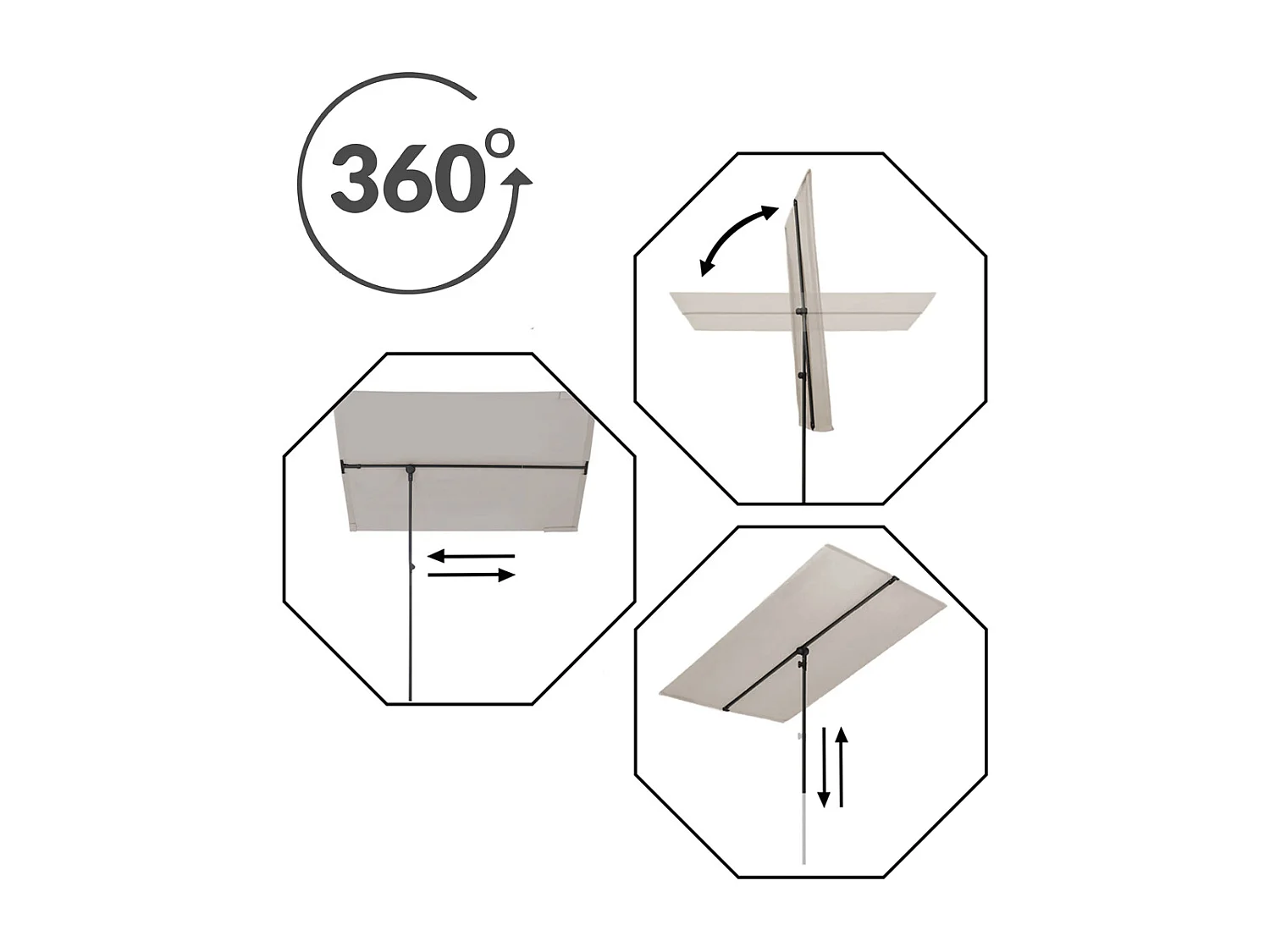 Parasol droit orientable 360° coloris Beige 180 gr/m 2 - Longueur 180 x  Largeur 130 cm x Hauteur 220 cm