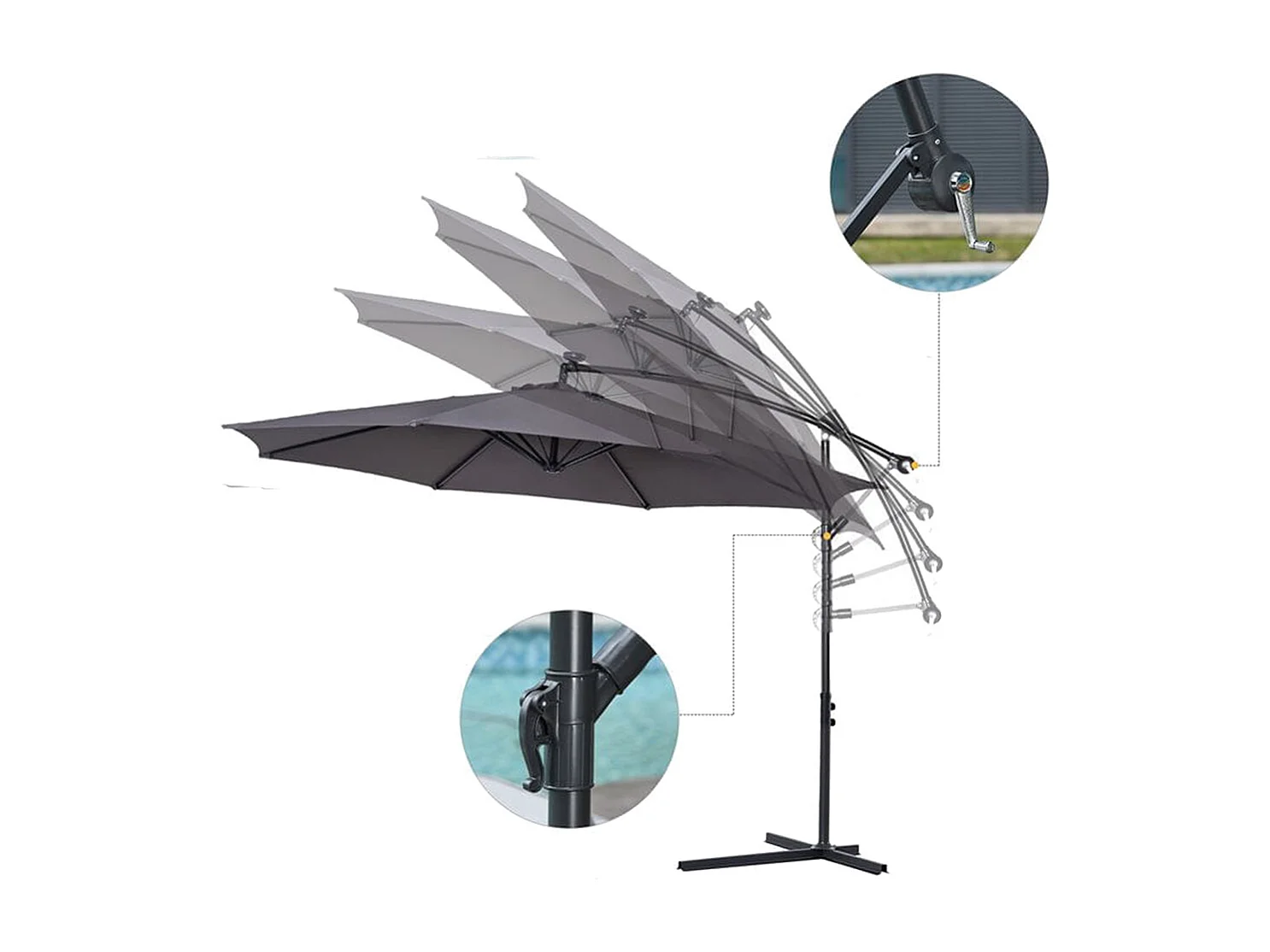 Parasol déporté rond coloris Anthracite Protection UV 50+ - Diamètre 300 x Hauteur 245 cm