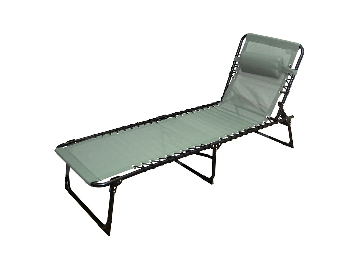 Transat Chaise longue pliante Bain de soleil coloris kaki avec coussin - Longueur 188 x Profondeur 55 x Hauteur 30 cm