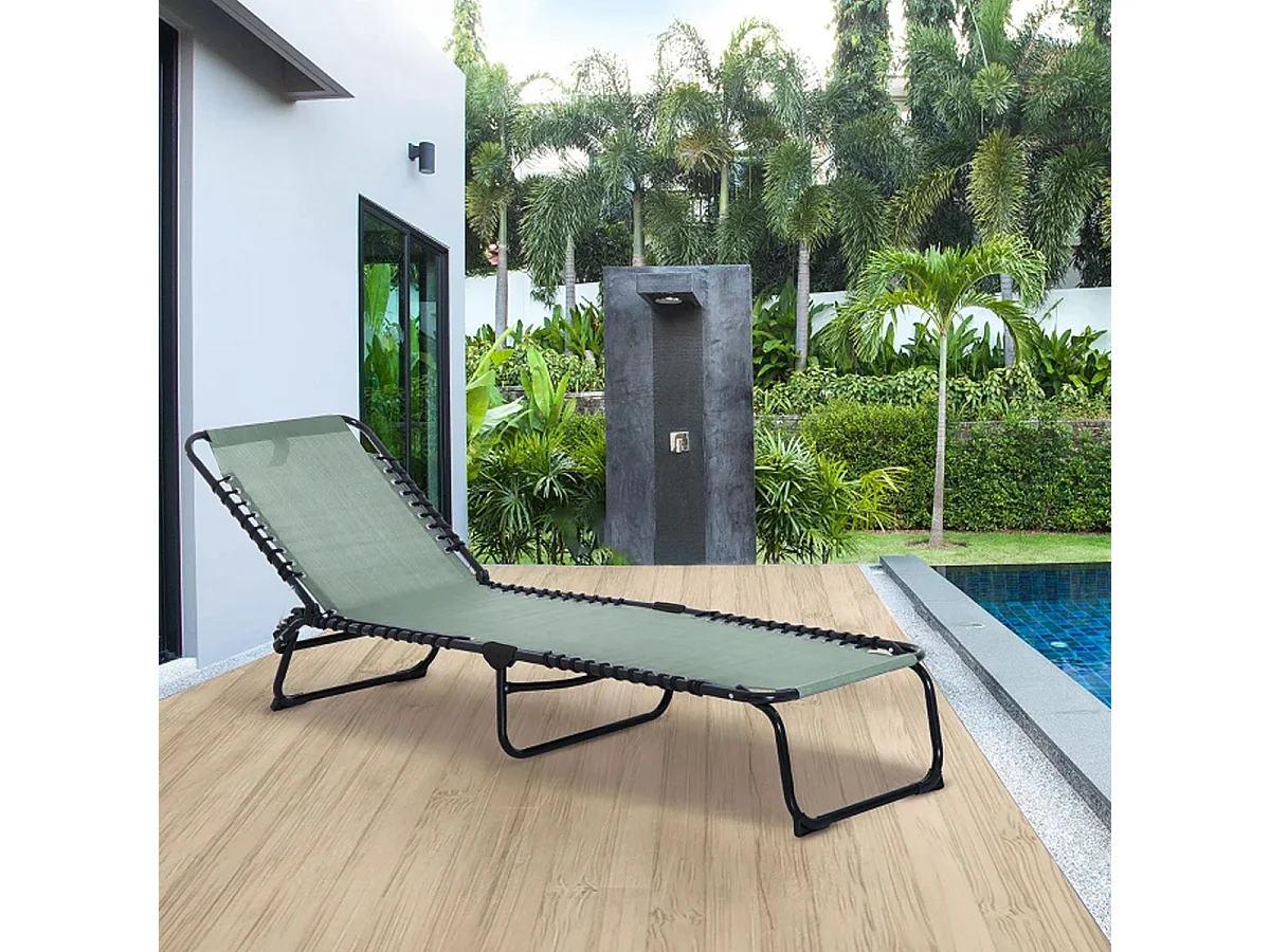 Transat Chaise longue pliante Bain de soleil coloris kaki avec coussin - Longueur 188 x Profondeur 55 x Hauteur 30 cm