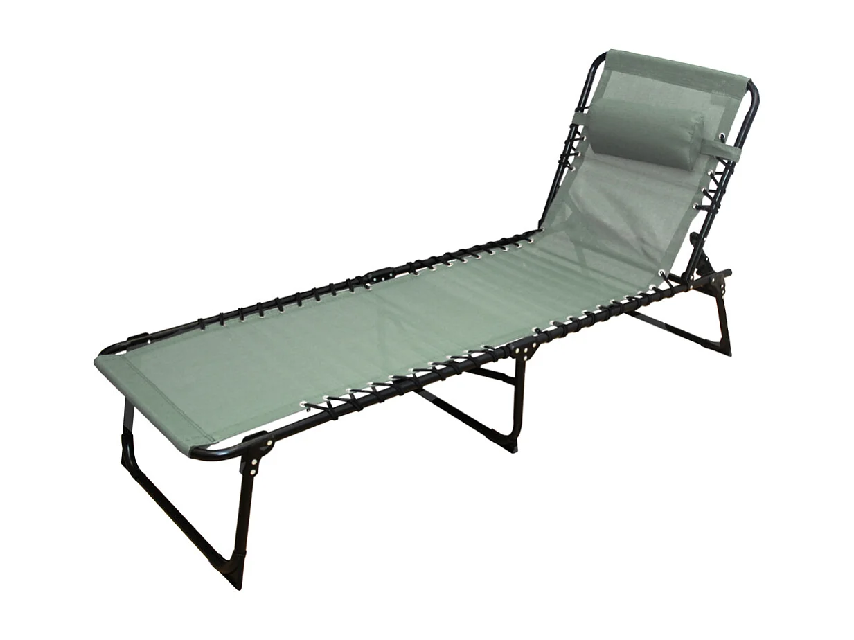 Transat Chaise longue pliante Bain de soleil coloris kaki avec coussin - Longueur 188 x Profondeur 55 x Hauteur 30 cm