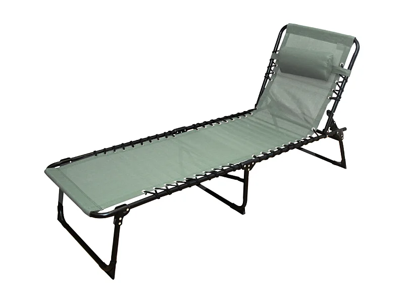 Transat Chaise longue pliante Bain de soleil coloris kaki avec coussin - Longueur 188 x Profondeur 55 x Hauteur 30 cm