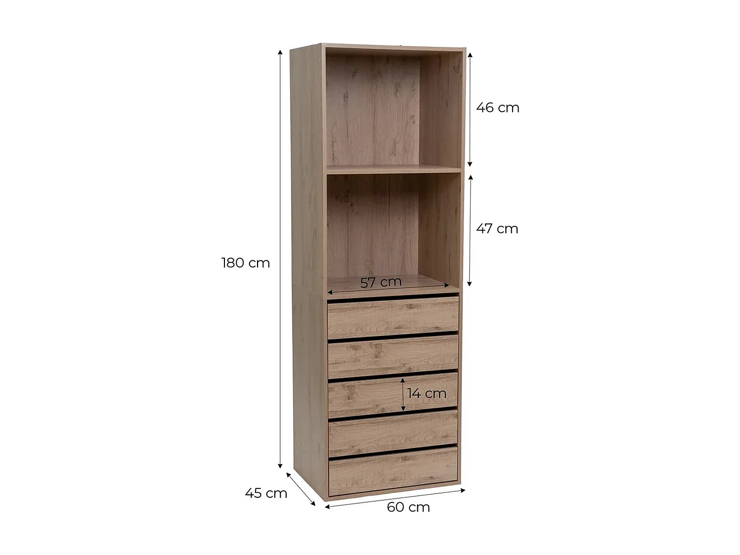 Colonne de dressing de 5 tiroirs, meuble de rangement coloris chêne Naturel - Longueur 60 x Profondeur 45 x Hauteur 180  cm