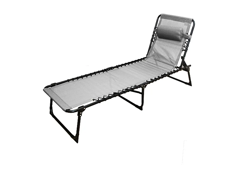 Transat Chaise longue pliante Bain de soleil coloris Gris clair avec coussin - Longueur 188 x Profondeur 55 x Hauteur 30 cm
