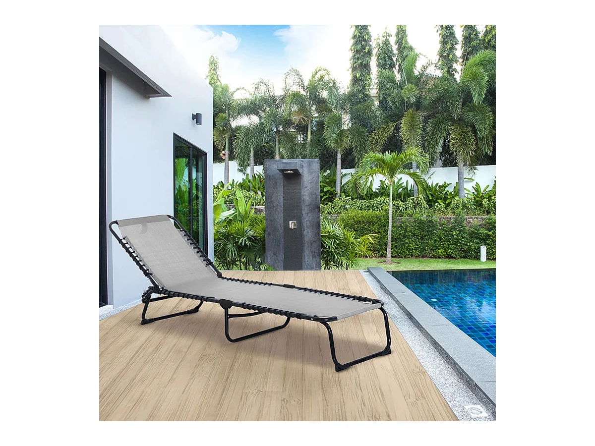 Transat Chaise longue pliante Bain de soleil coloris Gris clair avec coussin - Longueur 188 x Profondeur 55 x Hauteur 30 cm