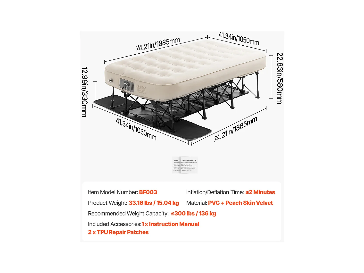 Colchão Insuflável SucceBuy para 1 Pessoa com Estrutura e Bomba, Cama de Campismo Insuflável de 136 kg