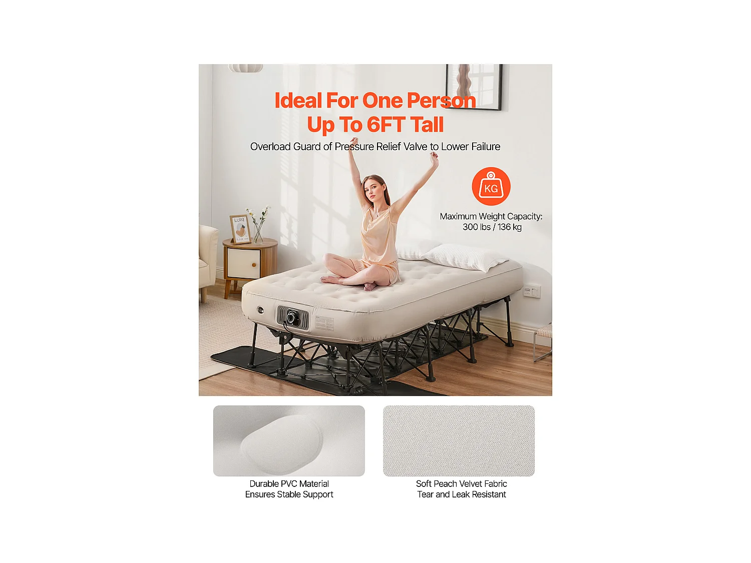 Colchão Insuflável SucceBuy para 1 Pessoa com Estrutura e Bomba, Cama de Campismo Insuflável de 136 kg