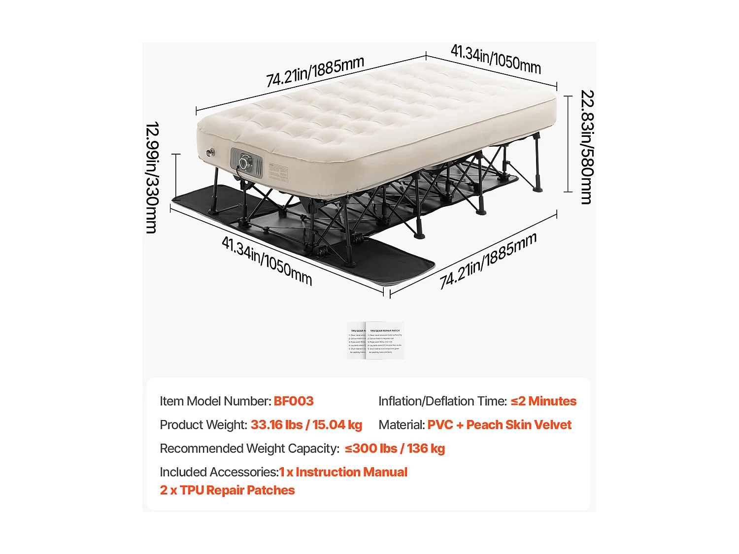 Matelas Gonflable SucceBuy pour 1 Personne avec Cadre et Pompe, Lit de Camping Gonflable de 136 kg