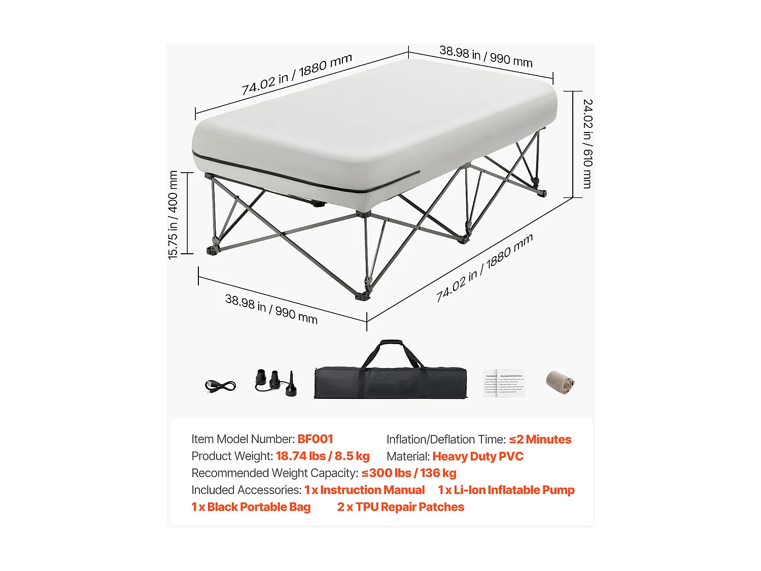 Matelas Gonflable SucceBuy pour 1 Personne avec Cadre et Pompe, Lit de Camping Gonflable de 136 kg
