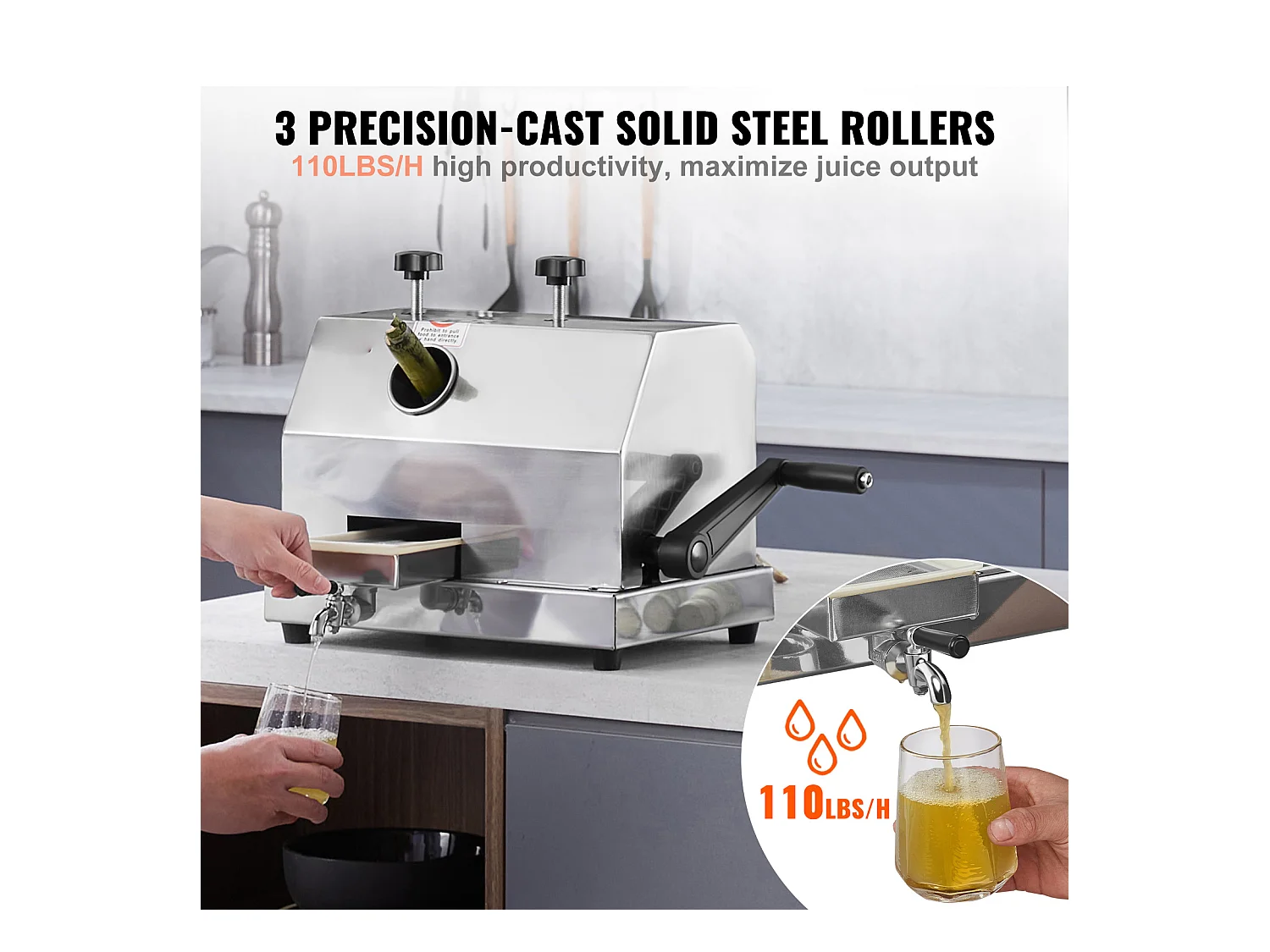 Extracteur de Jus de Canne à Sucre SucceBuy, Capacité de 50kg/h, 3 Rouleaux, Extracteur de Jus Manuel