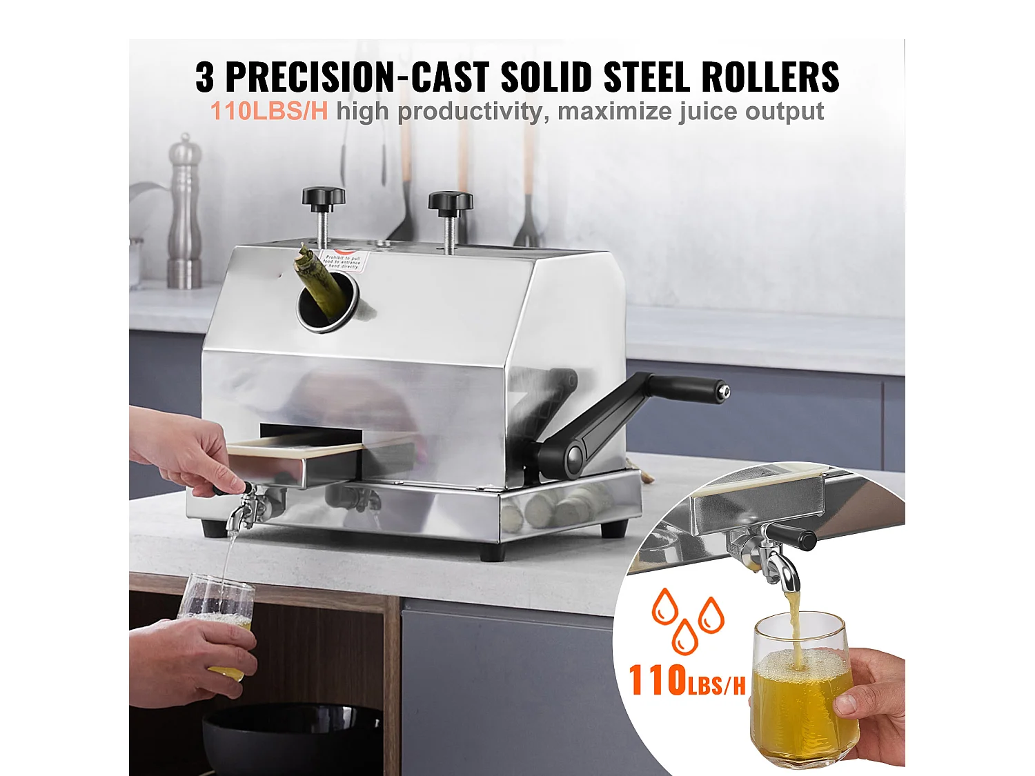 Extracteur de Jus de Canne à Sucre SucceBuy, Capacité de 50kg/h, 3 Rouleaux, Extracteur de Jus Manuel