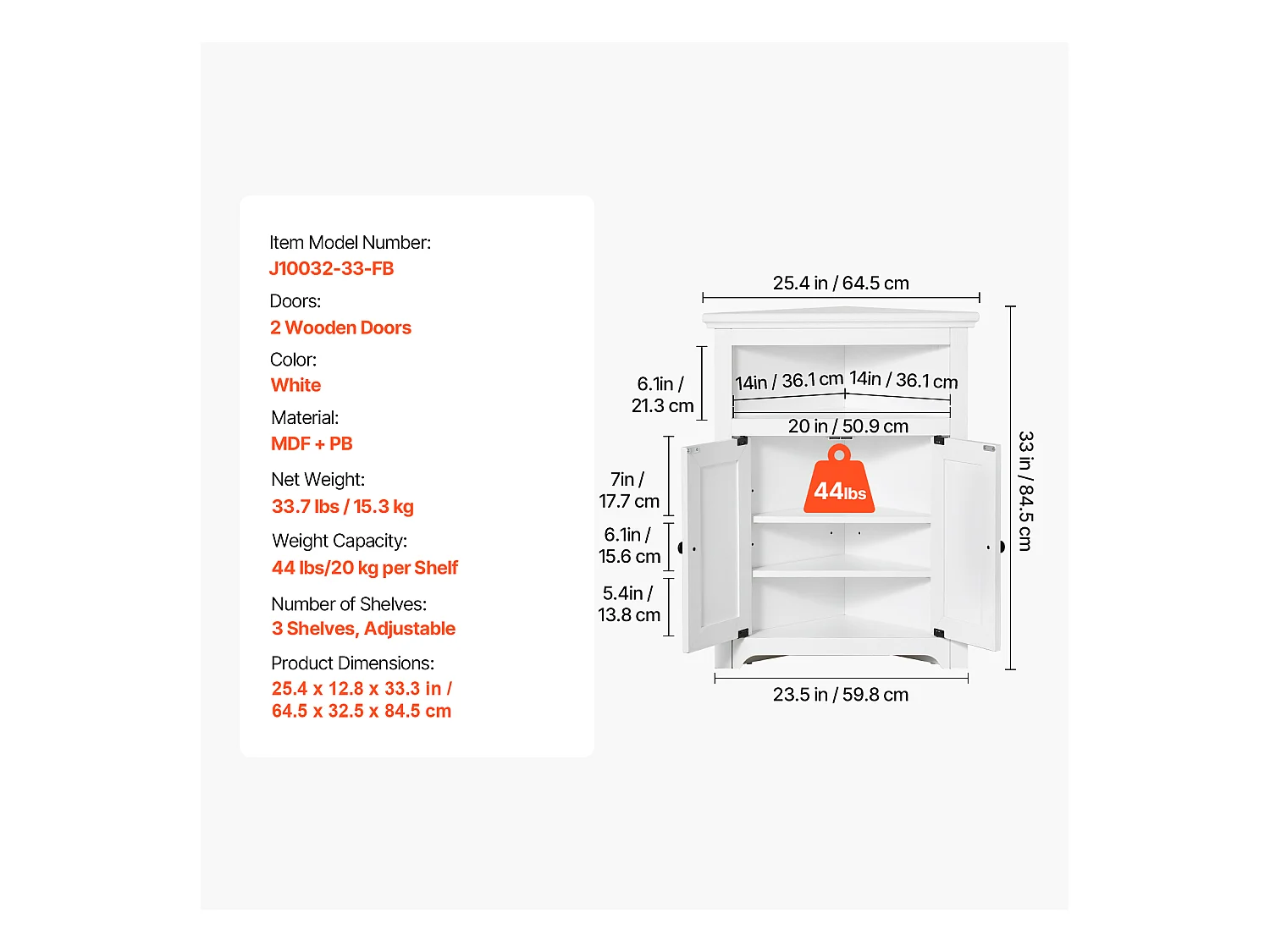 Armoire de Rangement d'Angle Blanche SucceBuy de 81.28cm, 2 Portes en Bois, étagères Réglables
