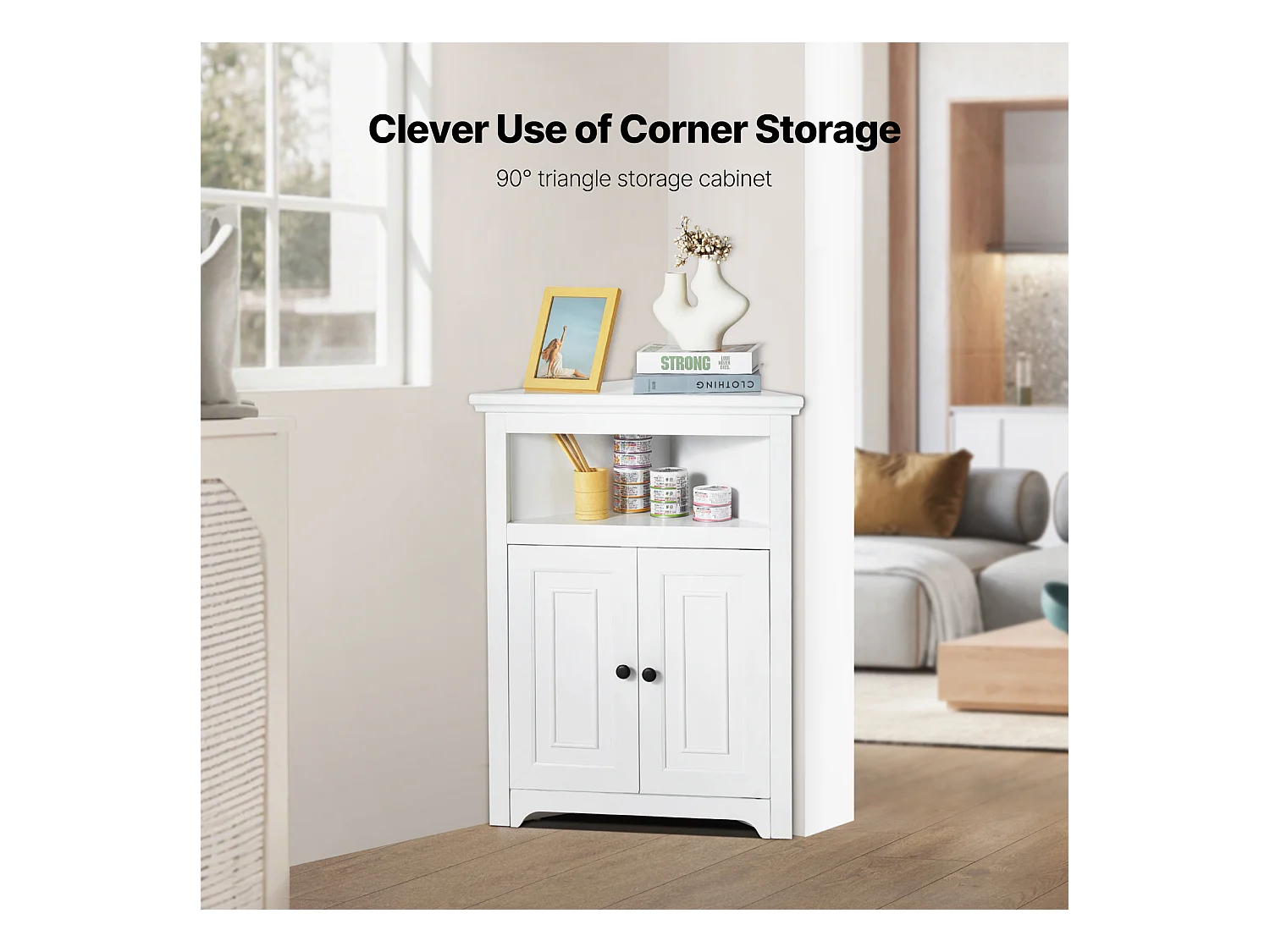 Armoire de Rangement d'Angle Blanche SucceBuy de 81.28cm, 2 Portes en Bois, étagères Réglables