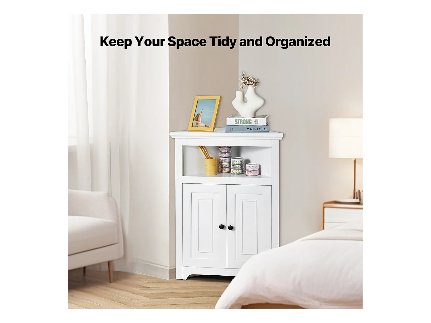 Armoire de Rangement d'Angle Blanche SucceBuy de 81.28cm, 2 Portes en Bois, étagères Réglables