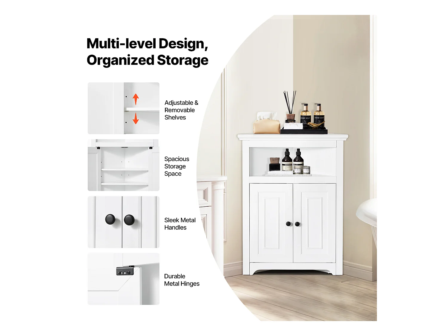 Armoire de Rangement d'Angle Blanche SucceBuy de 81.28cm, 2 Portes en Bois, étagères Réglables