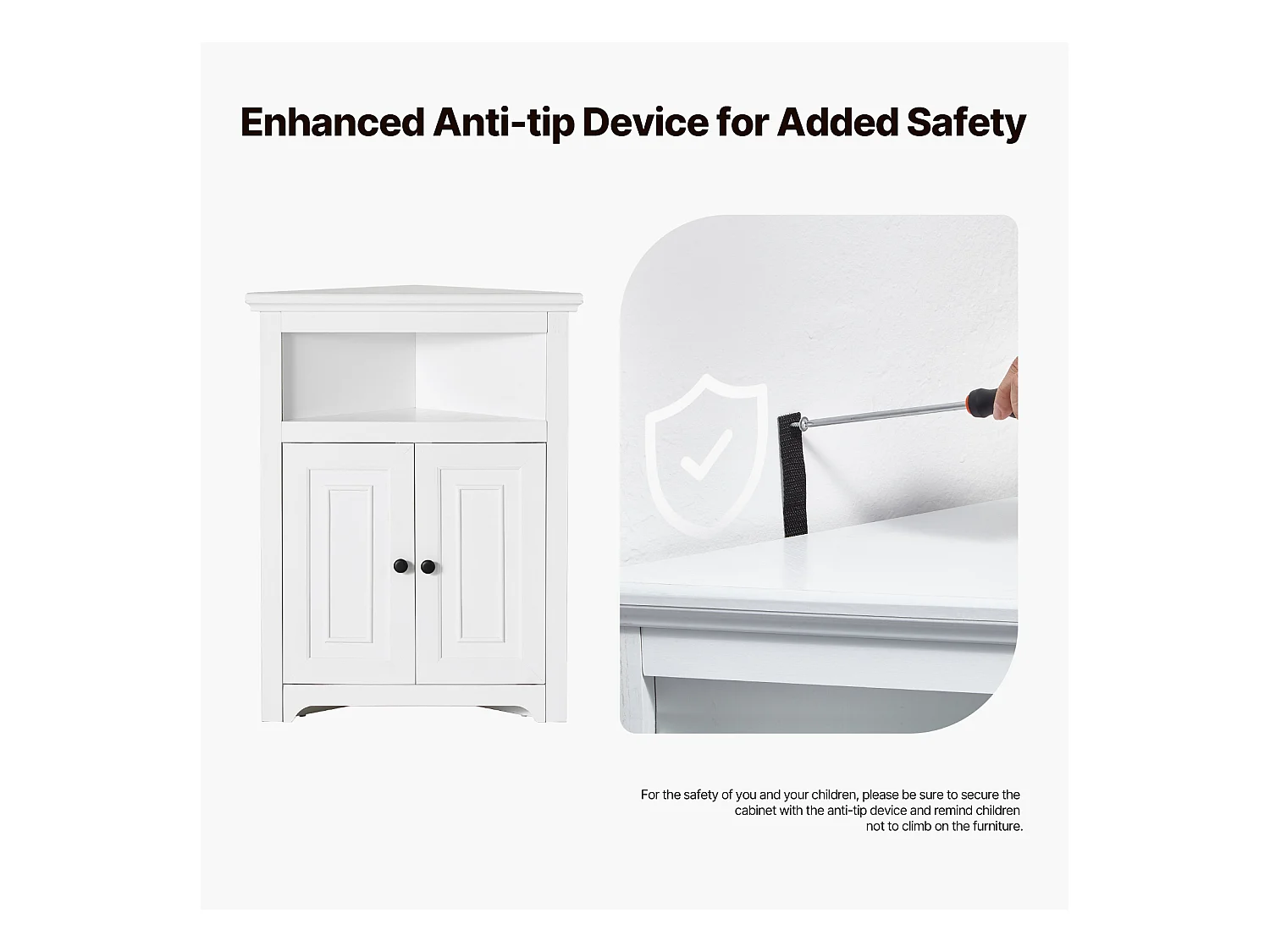 Armoire de Rangement d'Angle Blanche SucceBuy de 81.28cm, 2 Portes en Bois, étagères Réglables