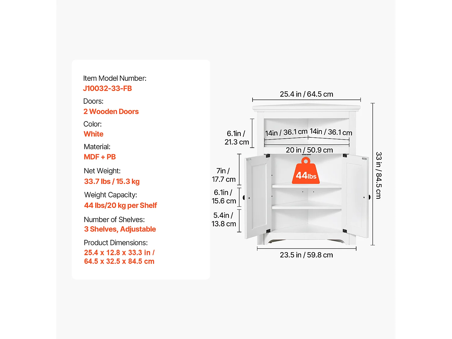 Armoire de Rangement d'Angle Blanche SucceBuy de 81.28cm, 2 Portes en Bois, étagères Réglables